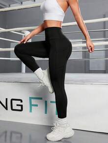 Women's Portable Pocket Running Sports Yoga Pants, Comfortable Solid Color Nine-Minute Tight Fitness Leggings For Outdoor Tennis, Badminton, Golf, Spring/Summer