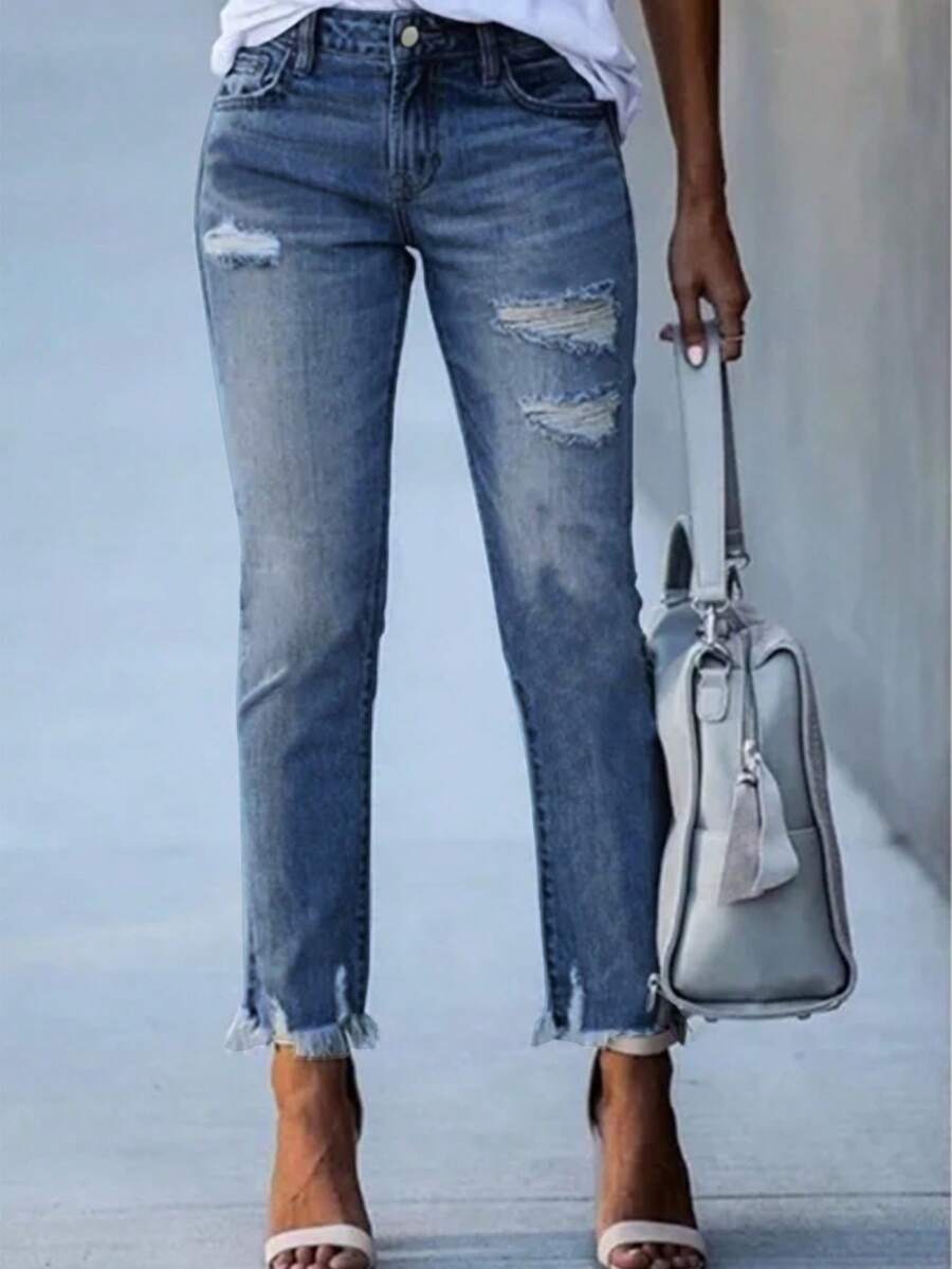 Women Jeans Mid Waisted Stretchy Ripped Distressed Tummy Control Straight Ankle Jean For Women 2025 - Blue - View 1