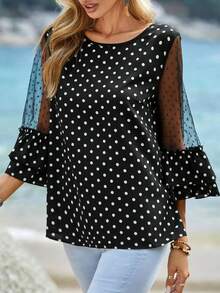 Women's Spring/Summer Vacation Style Polka Dot Print Contrast Mesh Ruffle Sleeve Blouse Black - Black - View 4