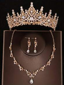 4 件套女士新娘婚礼金皇冠项链耳环精美婚礼派对配饰套装 - 生日派对、选美比赛、舞台表演、皇冠耳环、项链、头饰 - 銀色 - 查看 2