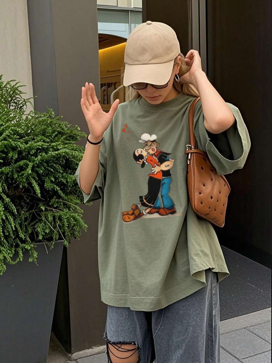 Women's New Popeye Cartoon Graphic Round Neck Short Sleeve Casual T-Shirt, Fashionable Versatile For Spring/Summer Daily Wear - Green - View 1
