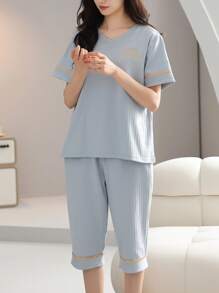 2pcs Women Soft And Comfortable Pajama Set, Short Sleeve Top And Shorts Outfit