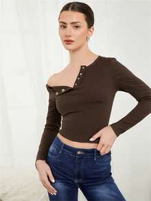 Women Long Sleeve T-Shirts Solid Color Buttons Oblique Shoulder Casual Shirts Spring Slim Fit Tops Streetwear