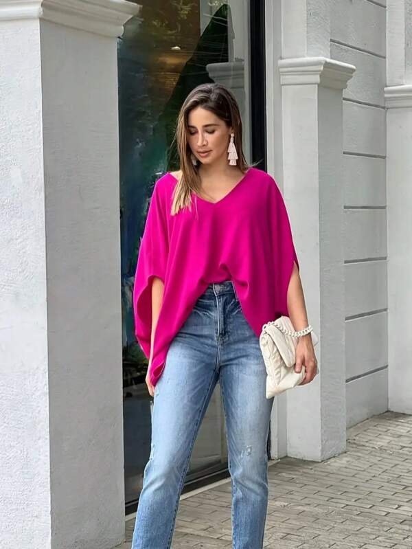 Plus Size Women Casual Solid Color Asymmetrical Front Short Back Long Batwing Sleeve Loose Top