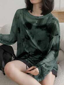 休闲扎染印花薄纱宽松落肩上衣，春夏款 - 墨綠色 - 查看 6