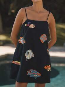 Women Y2K Boho Mini Cami Dress Spaghetti Strap Fish Printed Flowy Sling Dress Graphic Backless A Line Summer Holiday Sundress - 黑色 - 查看 1