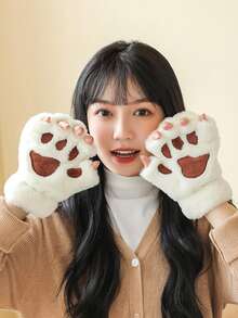 1 Pair Cute Cat Paw Fingerless Gloves, Plush Half-Finger Gloves, Warm & Cold-Resistant, Suitable For Girls Daily Use In Winter (With Rope) - Multicolor - View 9