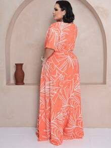 Plus Size Long Dress V Neck Short Sleeve - Orange Estam. - View 3