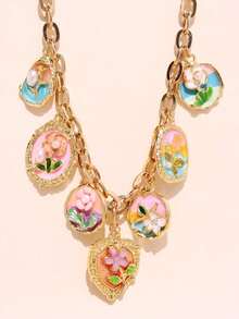 1pc Vintage Elegant Floral Necklace, Multicolor Enamel Alloy Pendant Beaded Necklace For Women, Cute Flower, Shell, Fish, Heart Design For Daily Wear - Multicolor - View 4
