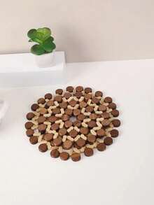 1pc Hollow Out Round Potholder, Boho Bamboo Insulation Pad For Dinner Table, Desk - Multicolor - View 7