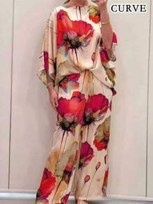Plus Women's Spring/Summer Vibrant Floral Print Round Neck Top And Pants Set - Red - View 1