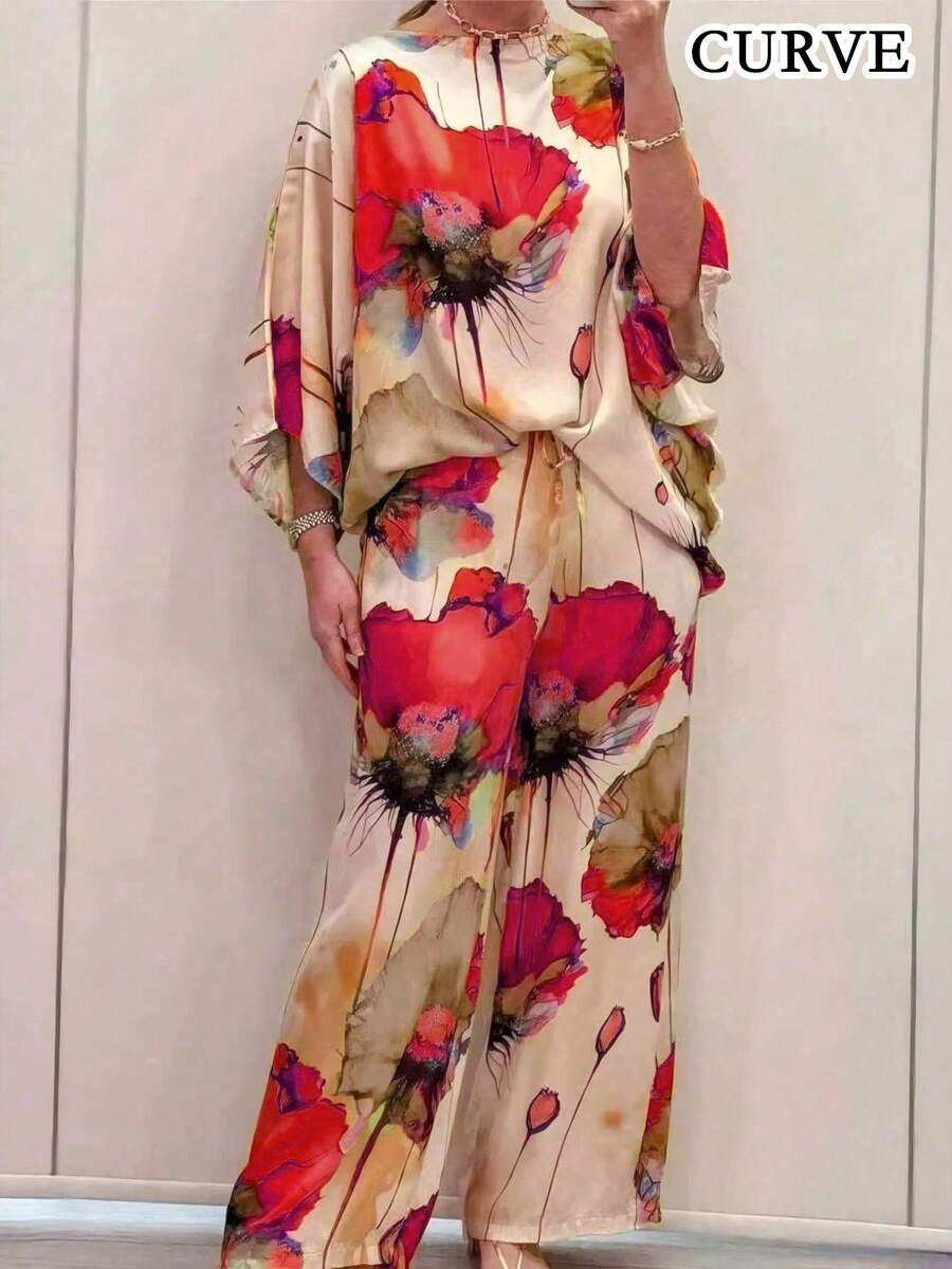 Plus Women's Spring/Summer Vibrant Floral Print Round Neck Top And Pants Set - Red - View 1