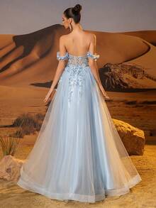 3D Flower Tulle Prom Dresses Long Off Shoulder Corset Sparkly Sequin Lace Embroidery Formal Party Gown For Women High Split A Line Homecoming Dresses For Teen - Blue - View 2