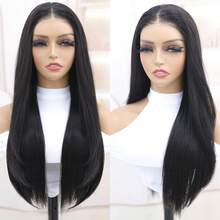 200 密度 6x5 高清直发蕾丝前假发分层假发自然黑色分层剪裁蕾丝假发黑色合成蝴蝶发型无胶假发优质天然黑丝直发 6*5 假发女士假发带高清透明蕾丝无胶蕾丝自然直发假发 26 英寸 - 黑色 - 查看 5