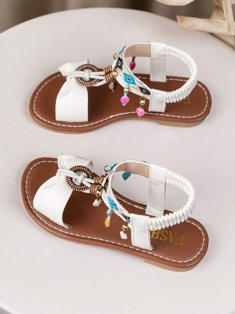 1 Pair Fashionable Children's Bohemian Style Hook And Loop Sandals, Comfortable Durable Beach Design Sandals With Random Beads Color - Beige - View 4