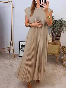 Women's Summer Elegant Solid Color Pleated Long Dress - Khaki - View 3