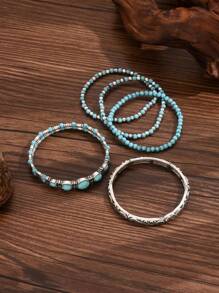 5pcs/Set Western Cowboy Style Vintage Simulated Turquoise Beaded Elastic Rope Bracelet Set, Unisex Daily Wear