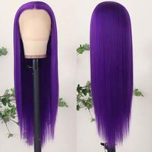 Purple Color Lace Front Wigs Pre Plucked Hairline Long Straight Wigs For Fashion Women Girls Party Daily Wear Glueless Dark Purple Lace Front Synthetic Wigs 13x4 Free Part Heat Resistant Fiber Hair 28 Inch 180% Density - 紫色 - 查看 7