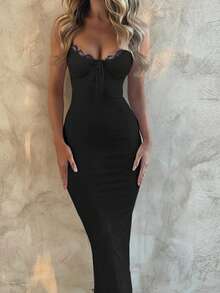 1 chiếc váy ren dệt kim màu trơn thanh lịch xẻ hở buộc phía trước, thích hợp cho các buổi hẹn hò, tiệc độc thân, tiệc trường học, mùa hè - màu đen - Xem 2