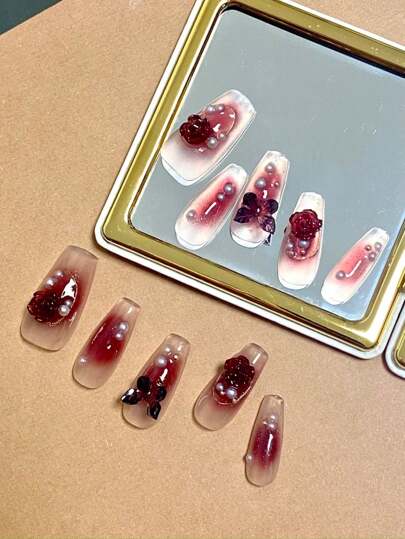 10 Pieces Retro-Chic Burgundy Press-On Nails – Medium Length With 3D Flowers & Butterflies, Perfect For New Year & Special Occasions Nail Supplies Nails