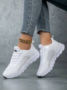 Plus Size Women Breathable Mesh Casual Sneakers, Lightweight Soft Sole Running Shoes, Knit Fabric Trainers, Comfortable Walking Shoes, Casual Fashion Shoes, Suitable For Men & Women Sports, Road Running Shoes - White - View 2