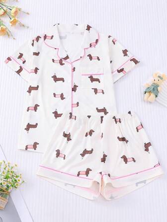 2 件套可爱腊肠犬印花女式夏季睡衣套装，短袖领上衣和宽松松紧腰短裤，休闲睡衣和家居服套装，适合所有季节，春季