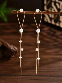 两件套时尚优雅简约白色和橙色仿珍珠巴洛克心形珍珠豌豆点缀耳环，仿珍珠螺旋吊坠，铜链流苏，耳环/吊坠两用，适合美丽女士日常、度假、派对等场合佩戴。 - 彩色 - 查看 3