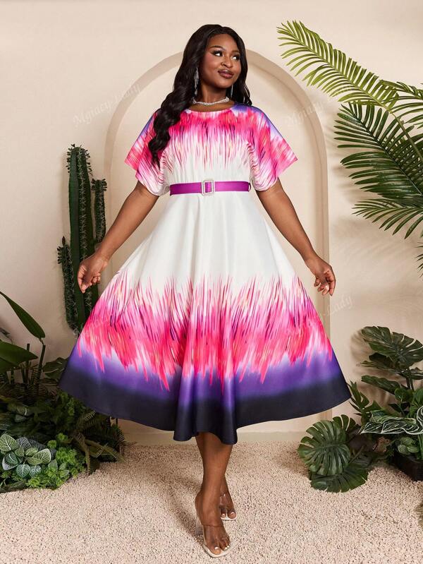 Mgiacy-Lady, Neu eingetroffen, Rundhalsausschnitt, Muster, elegant, traditionelles afrikanisches Kleid in Große Größen, Gürtel, Metallschnalle, Kurzarm, Kleid
