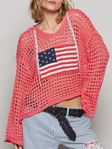 Women's American Flag Crochet Sweater Long Sleeve Hollow Out Lightweight Knit Hoodie 2025 Summer Beach Cover Up Tops - 紅色 - 查看 2