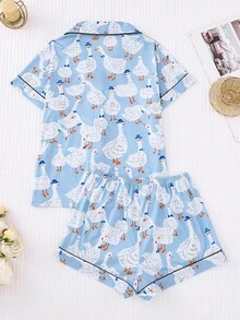 2 pezzi Set pigiama da donna, stampa a paperelle, abbigliamento da casa, outfit primaverile/estivo, top a maniche corte con bavero e pantaloncini, abbigliamento da relax - Blu - Visualizzare 2