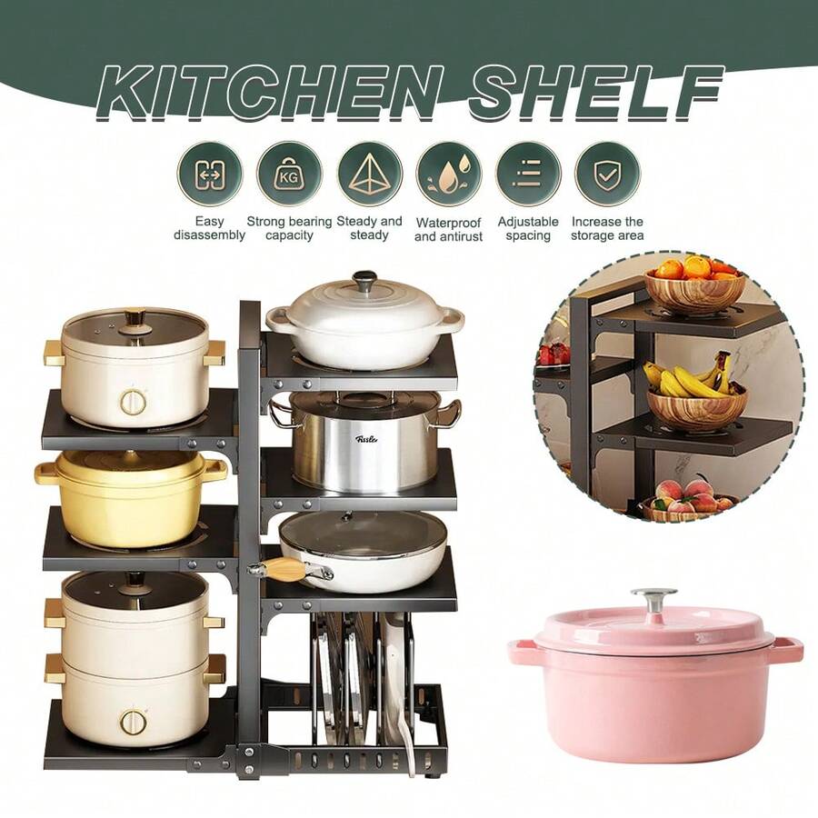 1pc Adjustable Heavy Duty Kitchen Organizer - Large Capacity Pots And Pans Rack, Multipurpose Heavy Duty Pots And Pans Storage Rack Under Cabinet, 7 Layers Adjustable Pan Storage Rack For Kitchen Cabinet Organizer And Storage, Kitchen Organizer - Black - View 1