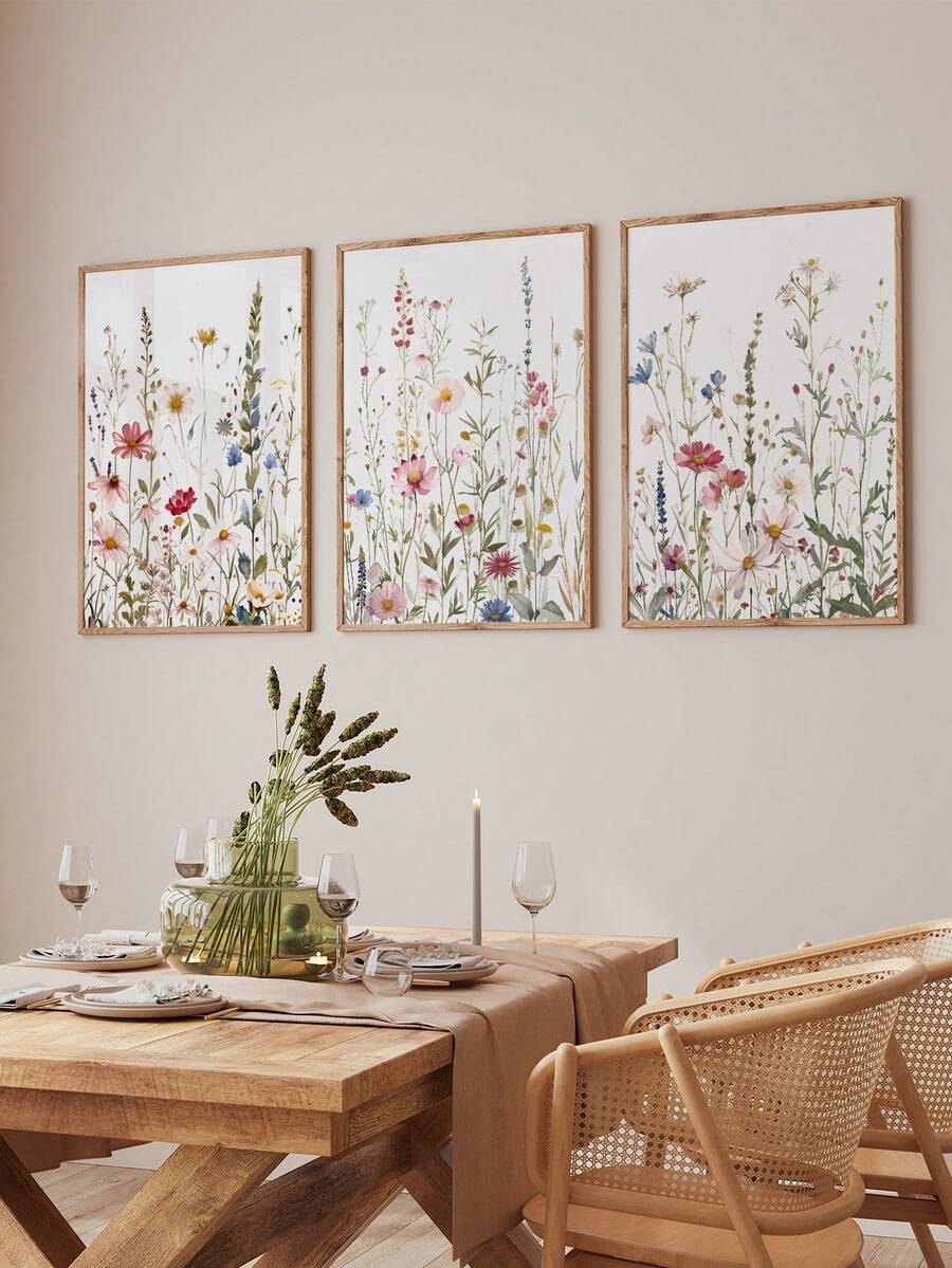 3 Pieces Pink Flower Painting Posters Botanical Art Posters Wildflowers Print Picture Vintage Art Printing Wall Arts Dining Room Decoration Kitchen Wall Decor Graduation Gifts No Frame
