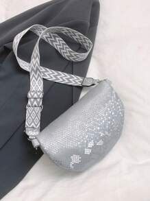 1pc Snakeskin Fashion Sport Fanny Pack, Boho Style Contrast Color Wide Strap, Faux Pearl Flower Zipper Crossbody Shoulder Bag For Women, Suitable For Daily Use And Gift