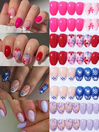 用 96 件/盒（4 种混合）短椭圆形蝴蝶结和花朵搭配金粉指甲设计法式尖头按压指甲短完美贴合亚克力假指甲来改变您的指甲，包括：1 件果冻胶和 1 个指甲锉，法式尖头指甲女士和女孩日常佩戴和派对使用