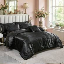 Black Satin Queen Comforter Set With Sheet Set Silk Like Satin Bedding Set Geometric Plaid Pinch Pleat Luxury Bedding Comforter 8 Pieces Satin Bed Set For Women And Females Bedroom Decor With 1 Comforter  4 Pillowcases 1 Flat Shhet 1 Fitted Sheet 1 Cushion Cover - Black - View 8