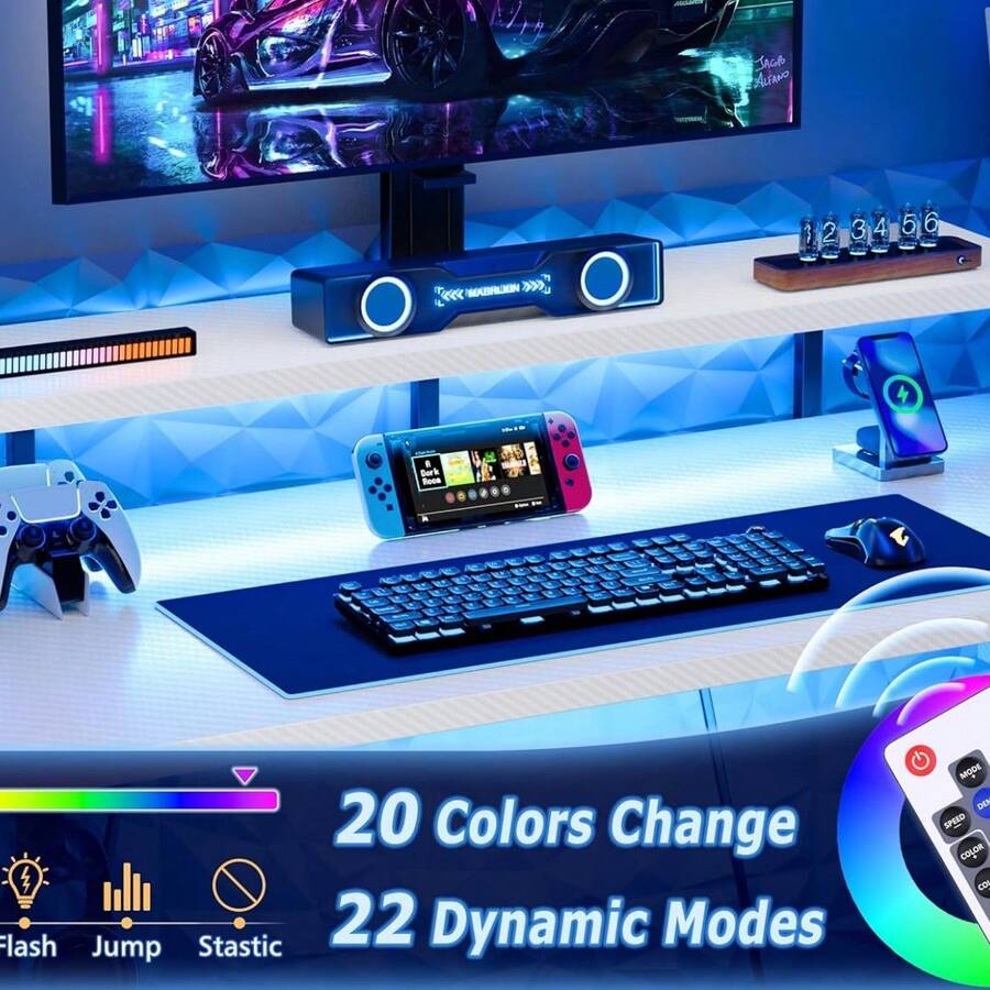 Gaming Desk With LED Lights, 140CM Computer Desk With Monitor Stand, L ...