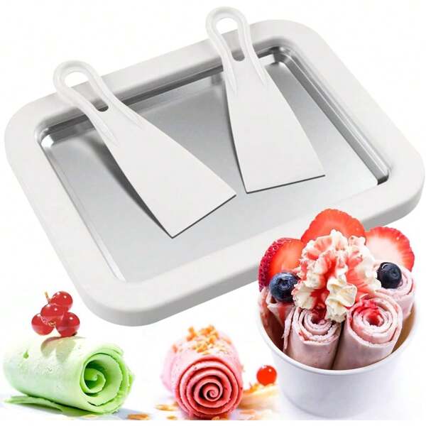 1pc Ice Cream Roll Maker With 2 Scrapers, Multi-Functional Cold Sweet Oil Frying Food Tray For Making Ice Cream Rolls, Frozen Yogurt, Popsicles And Ice Cream