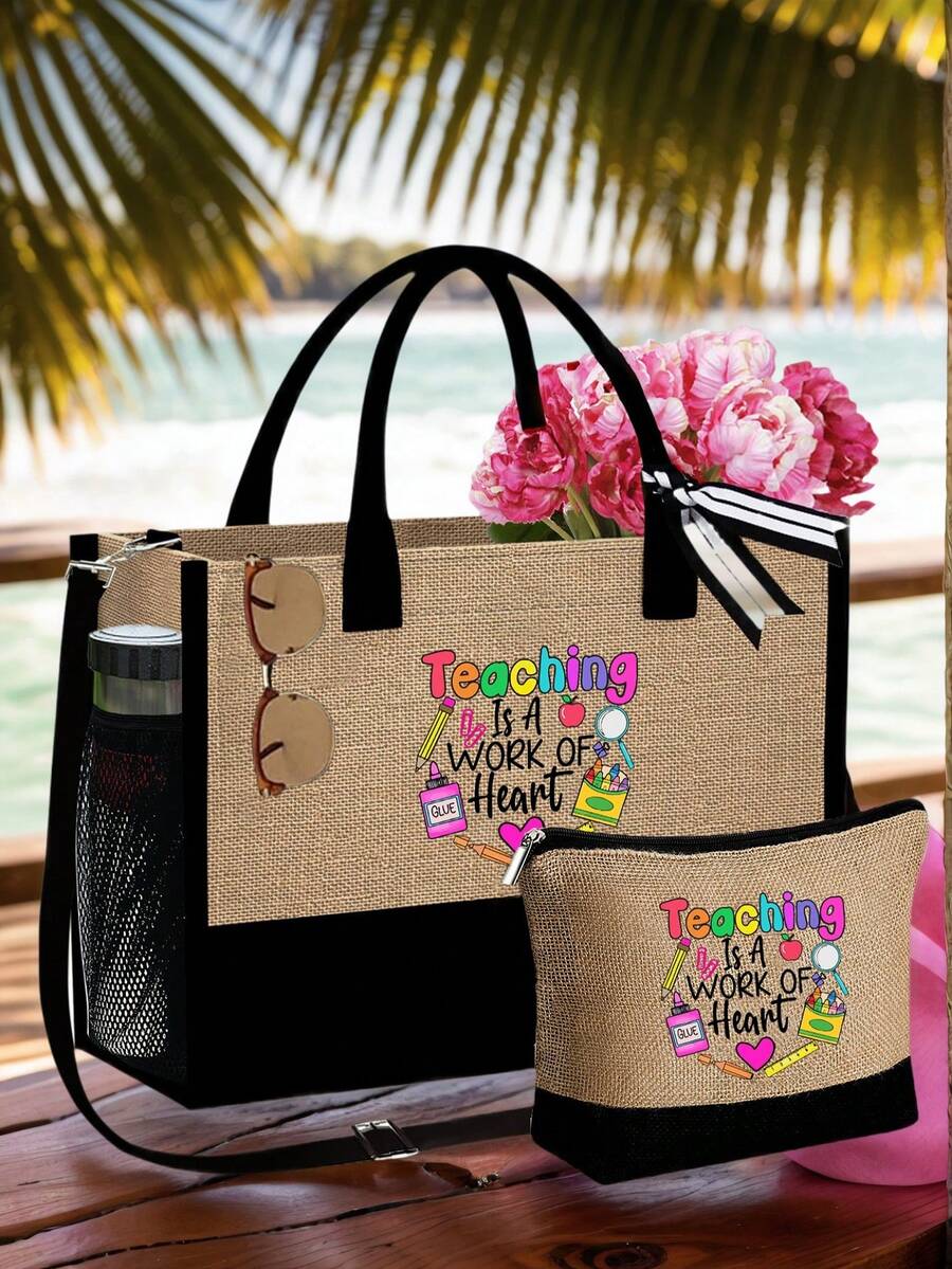 Bộ quà tặng Ngày Nhà giáo, gồm 1 túi xách thời trang cỡ lớn và 1 ví đựng tiền xu bằng vải lanh, in dòng chữ "Dạy học là một nỗ lực từ trái tim", họa tiết sáng tạo, màu sắc tươi tắn, rộng rãi và bền chắc. - Màu Khaki - Xem 1