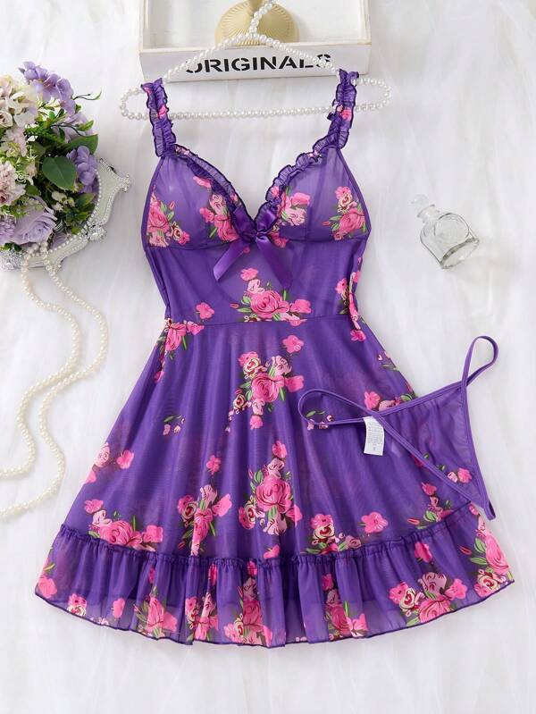 2 Pieces Sexy Lingerie Sleepwear Set - Complete Two Pieces Ensemble With Coordinating Thong Panty, Delicate Ruffled Hemline, And Easy-Adjust Straps For A Perfect Fit - Vibrant Floral Pattern, Sultry Nighttime Dress For Women