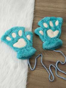 1 Pair Cute Cat Paw Fingerless Gloves, Plush Half-Finger Gloves, Warm & Cold-Resistant, Suitable For Girls Daily Use In Winter (With Rope) - Multicolor - View 18