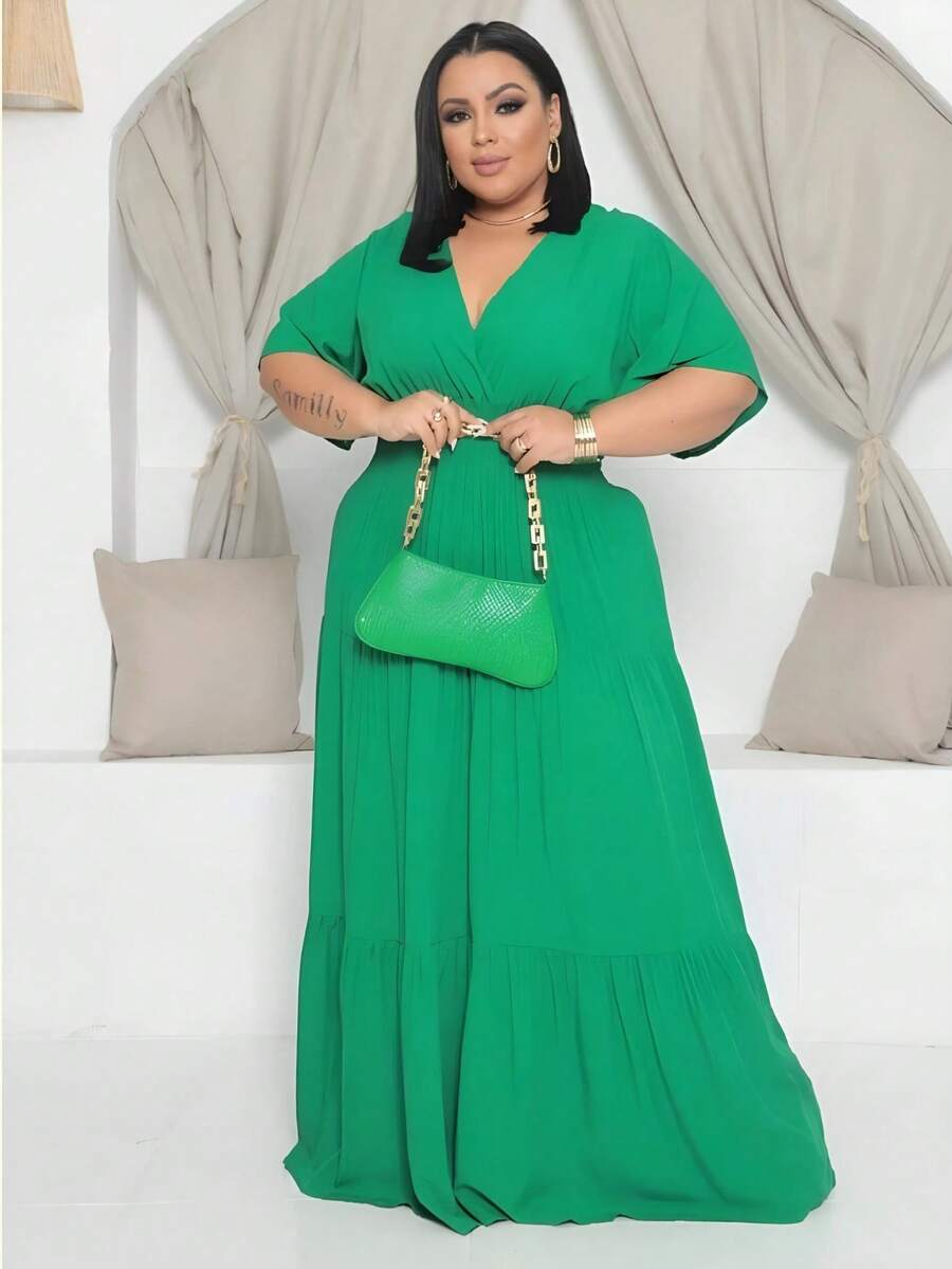 Plus Size Long Dress V Neck Short Sleeve - Green Flag - View 1