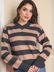 TRICOZHU Knitted Long Sleeve Striped Blouse V-Neck Striped V-Neck Blouse Polyester With Elastane Ribbed Collar And Cuff ONE SIZE 36-44 - 卡其色 - 查看 2
