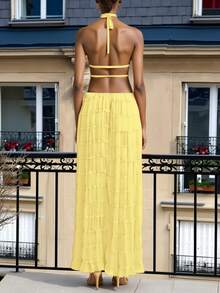 Conjunto de vestido maxi con camisola sin espalda, de gasa con volantes multicapa y encaje, elegante y romántico de 2 piezas, adecuado para Navidad, fiestas, gótico, boda y otras ocasiones - Amarillo claro - Ver 4