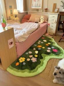 Faux Wool Moss Green Floral Carpet, Soft Plush Area Rug For Girl's Bedroom, Nordic Style Living Room Carpet, Asymmetrical Shaped Anti-Slip Floor Mat - 彩色 - 查看 12