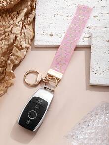 1pc Zinc Alloy Keychain, Keyring, Wristlet Keychain, Pink Geometric Pattern Webbing Keychain, Women Car Key Chain, Women Elegant Bag Pendant Keychain, Women Fashion Webbing Keychain, Universal Keychain, Women Fashion Keychain (Please Note That Due To Different Photography Angles, The Color May Vary Slightly From The Actual Item) - Pink - View 6