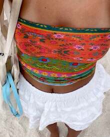 Women Boho Floral Tube Top  Colorful Flower Print Strapless Slim Fit Crop Top Beach Vacation Bandeau Tops - trái cam - Xem 6