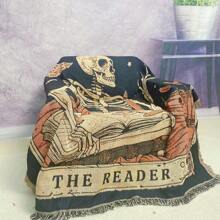 Skull Reader Pattern, Bohemian Style Jacquard Weave Fringe Blanket, Thick, Stain Resistant, Tear Resistant, Washable, Easy Care, Non-Fading, Non-Pilling, Suitable As Bedspread, Sofa Throw, Office Lap Blanket, Picnic, Camping And Home Decor