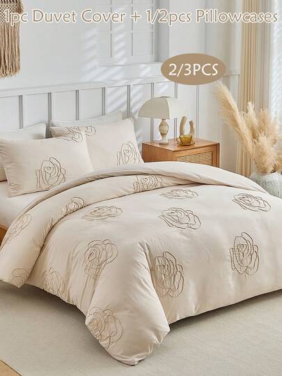 2/3 st Khaki Rose Mönster Sammet Polyester Påslakan Set, Enkelt fashionabelt lantlig stil Sängkläder Set Lämplig för alla årstider (1 påslakan + 1/2 örngott)