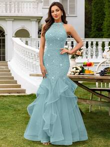 Vestido de fiesta largo con volantes, encaje floral con lentejuelas y contraste de malla sin espalda, elegante vestido de fiesta para damas, vestido de noche formal, vestido de baile, adecuado para invitados de boda, ceremonia de graduación, cena de gala y otras ocasiones - Azul menta - Ver 4