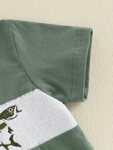 Toddler Baby Boy Fishing Outfit Short Sleeve Crew Neck Shirt And Plaid Elastic Waist Shorts Set Infant Summer Clothes - xanh quân đội - Xem 6